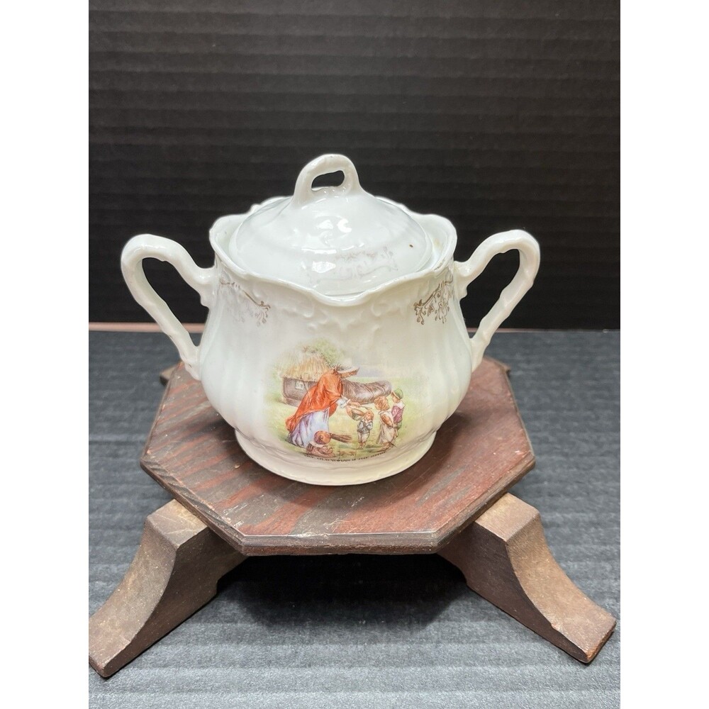Sugar Bowl Lid Porcelain Vtg Old Women in the Shoe Cottagecore Farm Shabby Chic - Picture 1 of 14